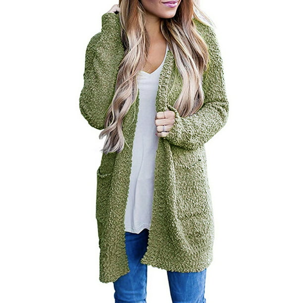 BIKETAFUWY Winter Cardigan for Women Coat Warm Plush Fleece Outwear Fuzzy Open Front Sweater Pocket Button Long Jacket 